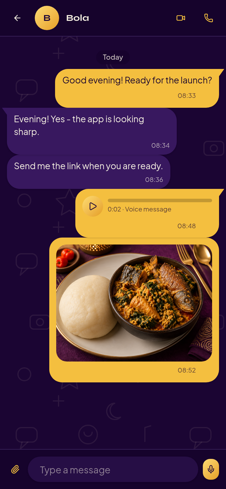 An OJAJA CALLChat conversation showing a photo and a voice message